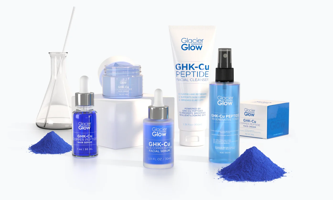 The full GlacierGlow GHK-Cu collection with raw blue copper peptide powder